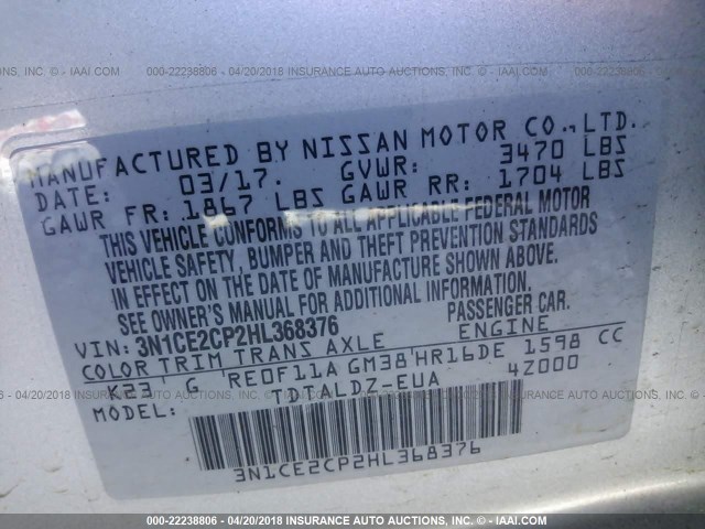 3N1CE2CP2HL368376 - 2017 NISSAN VERSA NOTE S/S PLUS/SV/SL/SR SILVER photo 9