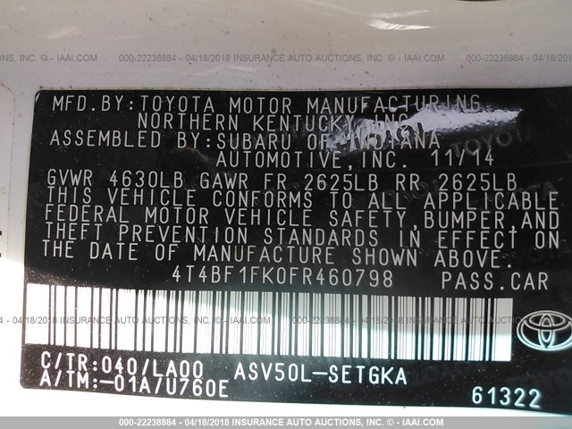 4T4BF1FK0FR460798 - 2015 TOYOTA CAMRY LE/XLE/SE/XSE WHITE photo 9