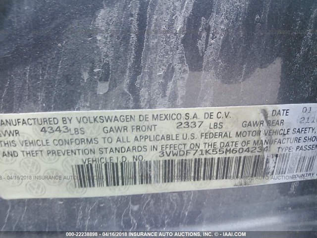 3VWDF71K55M604234 - 2005 VOLKSWAGEN NEW JETTA 2.5L OPTION PACKAGE 2 GRAY photo 9