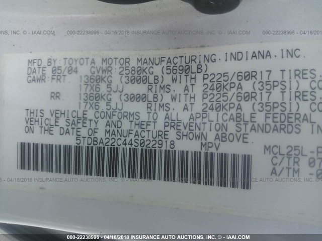 5TDBA22C44S022918 - 2004 TOYOTA SIENNA XLE/XLE LIMITED WHITE photo 9