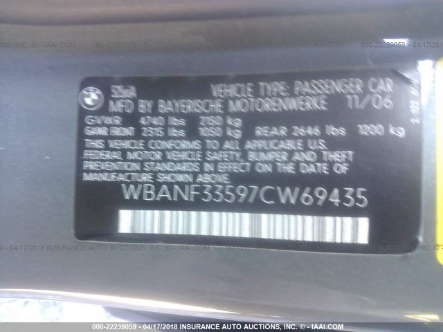 WBANF33597CW69435 - 2007 BMW 525 XI GRAY photo 9