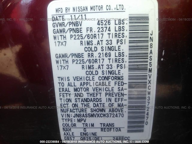 JN8AS5MVXCW372470 - 2012 NISSAN ROGUE S/SV RED photo 9