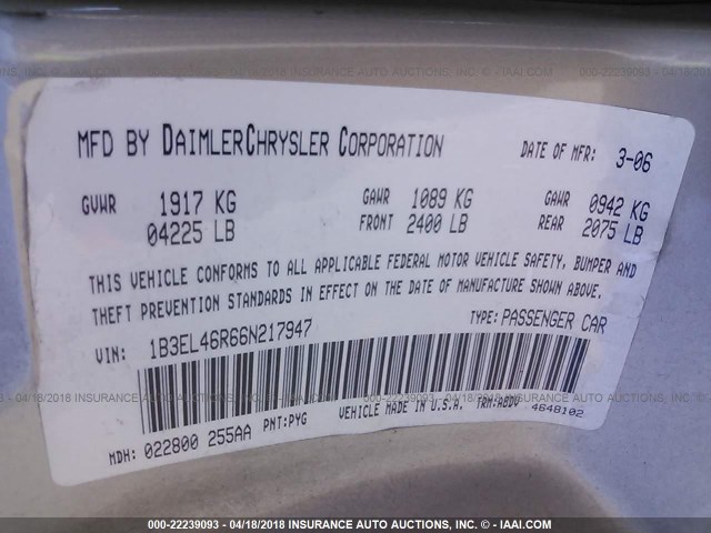 1B3EL46R66N217947 - 2006 DODGE STRATUS SXT SILVER photo 9