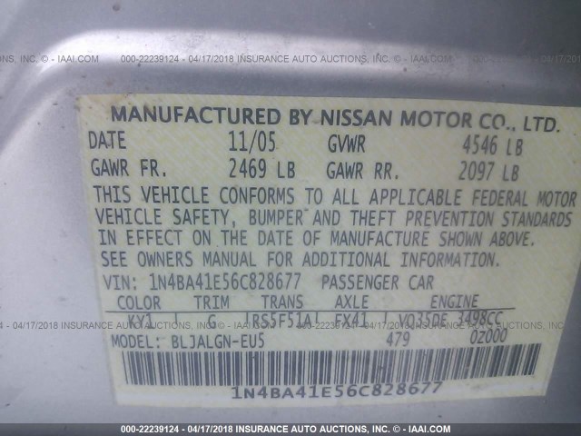 1N4BA41E56C828677 - 2006 NISSAN MAXIMA SE/SL SILVER photo 9