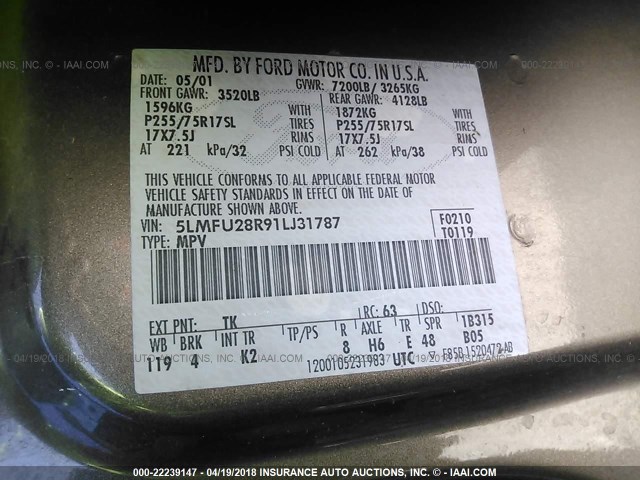 5LMFU28R91LJ31787 - 2001 LINCOLN NAVIGATOR Champagne photo 9