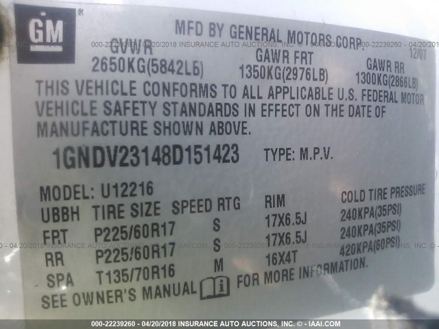 1GNDV23148D151423 - 2008 CHEVROLET UPLANDER LS WHITE photo 9