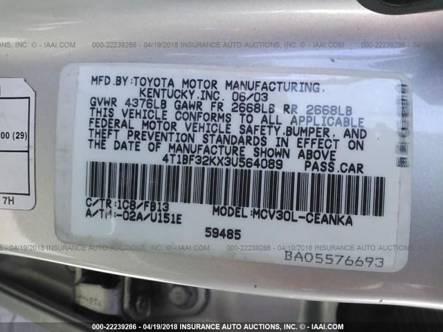 4T1BF32KX3U564089 - 2003 TOYOTA CAMRY LE/XLE/SE 银色 照片 9