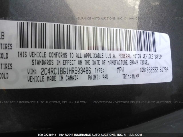 2C4RC1BG1HR503486 - 2017 CHRYSLER PACIFICA TOURING L ნაცრისფერი ფოტო 9