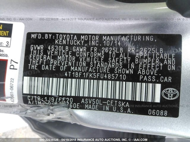 4T1BF1FK5FU485710 - 2015 TOYOTA CAMRY LE/XLE/SE/XSE ვერცხლისფერი ფოტო 9