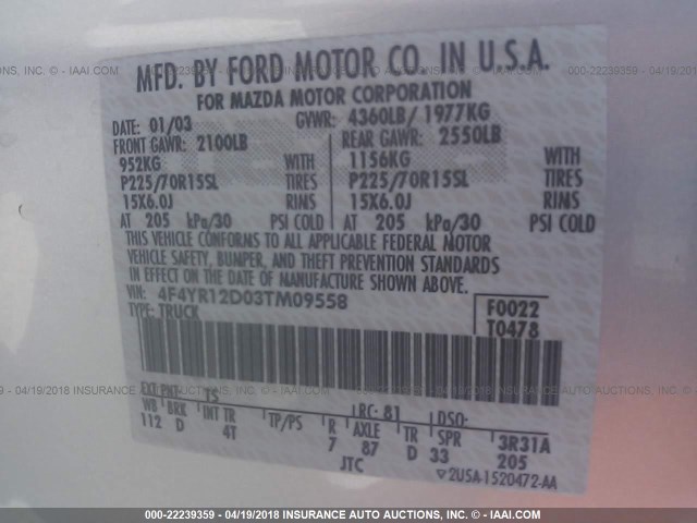 4F4YR12D03TM09558 - 2003 MAZDA B2300 SILVER photo 9