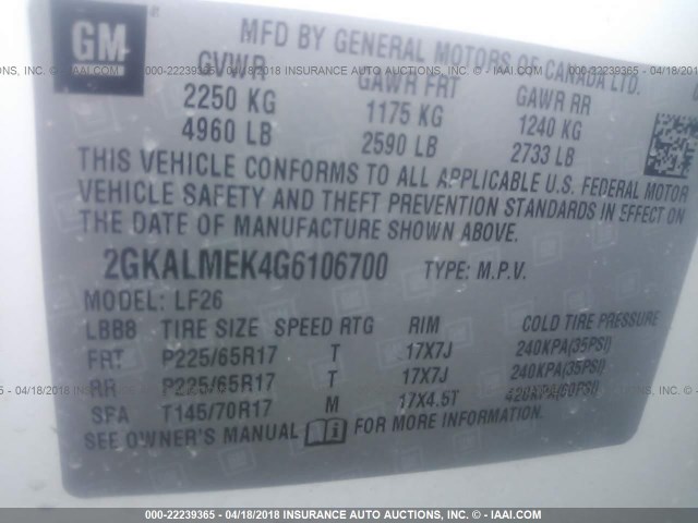 2GKALMEK4G6106700 - 2016 GMC TERRAIN SLE WHITE photo 9