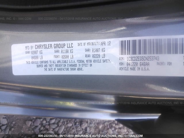 1C3CDZEG5CN253743 - 2012 DODGE AVENGER SXT GRAY photo 9