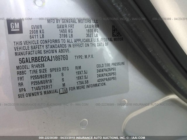 5GALRBED2AJ189760 - 2010 BUICK ENCLAVE CXL ვერცხლისფერი ფოტო 9