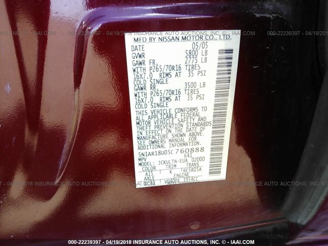 5N1AR18U05C760888 - 2005 NISSAN PATHFINDER LE/SE/XE RED photo 9