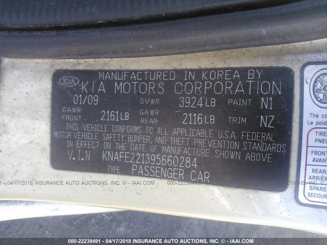 KNAFE221395660284 - 2009 KIA SPECTRA EX/LX/SX GOLD photo 9