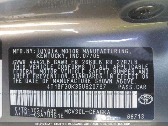 4T1BF30K35U620797 - 2005 TOYOTA CAMRY LE/XLE/SE ნაცრისფერი ფოტო 9