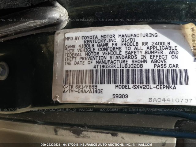 4T1BG22K11U810208 - 2001 TOYOTA CAMRY CE/LE/XLE GREEN photo 9