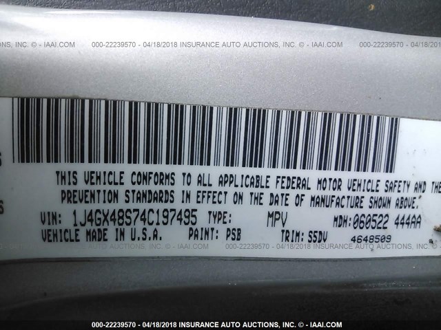 1J4GX48S74C197495 - 2004 JEEP GRAND CHEROKEE LAREDO/COLUMBIA/FREEDOM SILVER photo 9