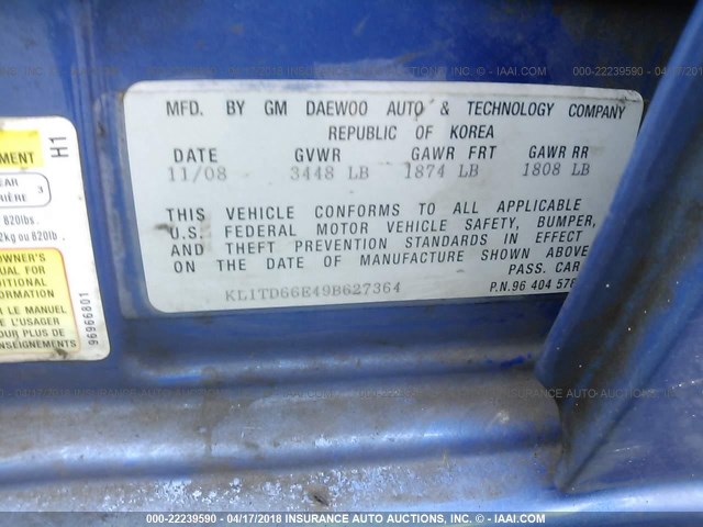 KL1TD66E49B627364 - 2009 CHEVROLET AVEO LS/LT 蓝色 照片 9