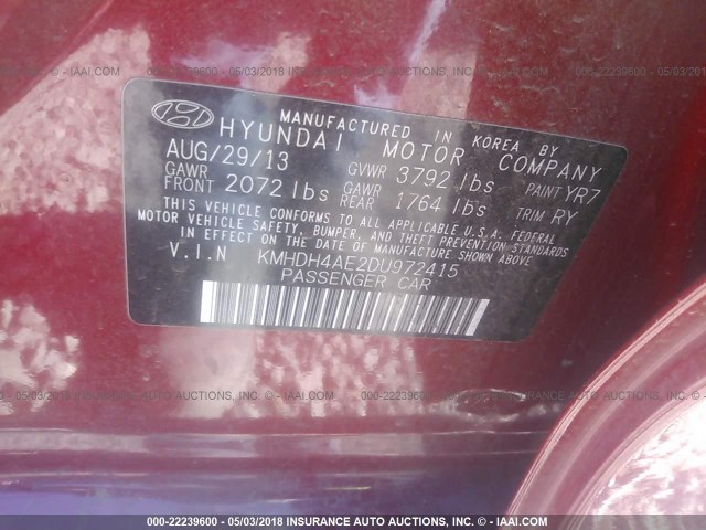 KMHDH4AE2DU972415 - 2013 HYUNDAI ELANTRA GLS/LIMITED RED photo 9