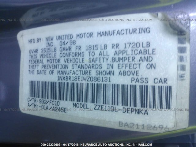 1NXBR18E1WZ086131 - 1998 TOYOTA COROLLA VE/CE/LE ვერცხლისფერი ფოტო 9