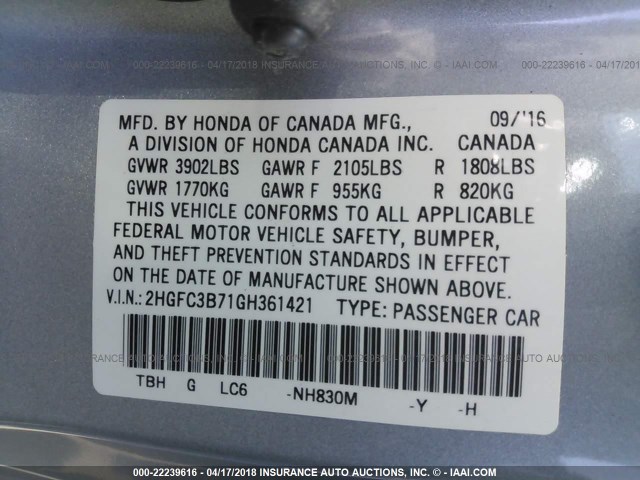 2HGFC3B71GH361421 - 2016 HONDA CIVIC EXL SILVER photo 9