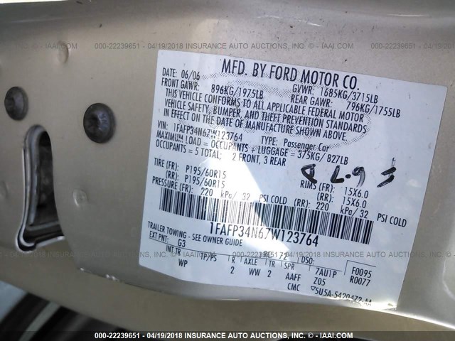 1FAFP34N67W123764 - 2007 FORD FOCUS ZX4/S/SE/SES 金色 照片 9