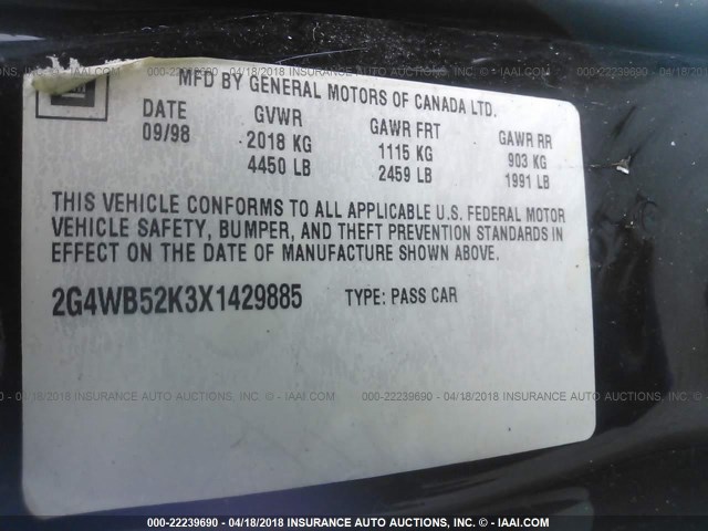 2G4WB52K3X1429885 - 1999 BUICK REGAL LS/LSE BLACK photo 9