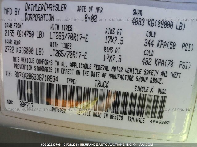 3D7KA28633G718934 - 2003 DODGE RAM 2500 ST/SLT 银色 照片 9