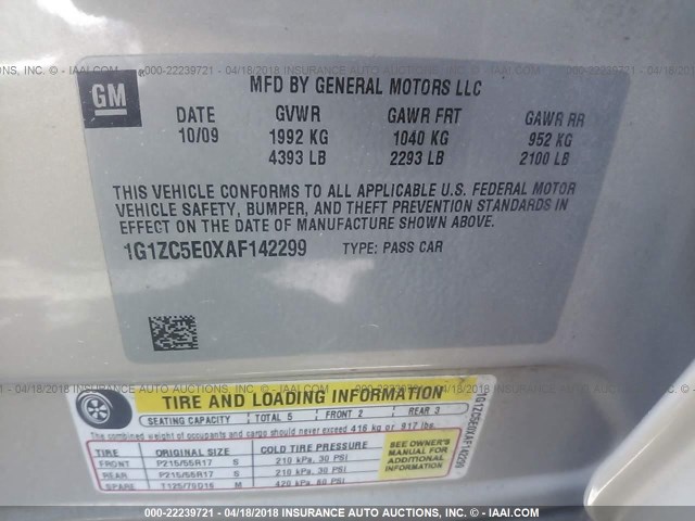 1G1ZC5E0XAF142299 - 2010 CHEVROLET MALIBU 1LT 棕色 照片 9