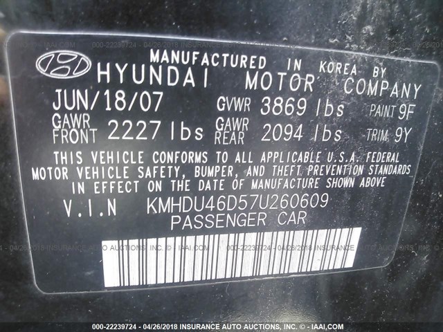 KMHDU46D57U260609 - 2007 HYUNDAI ELANTRA GLS/SE/LIMITED BLACK photo 9