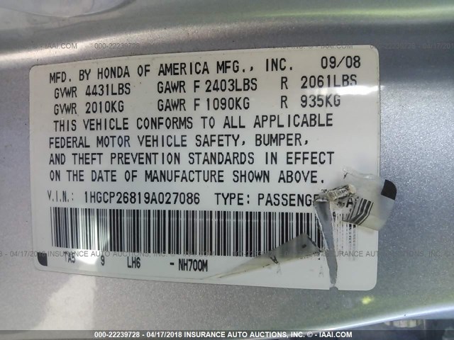 1HGCP26819A027086 - 2009 HONDA ACCORD EXL SILVER photo 9