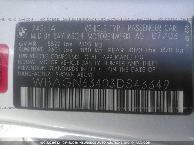 WBAGN63403DS43349 - 2003 BMW 745 LI ვერცხლისფერი ფოტო 9