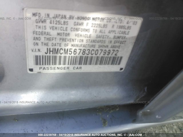 JHMCM56783C079972 - 2003 HONDA ACCORD EX SILVER photo 9