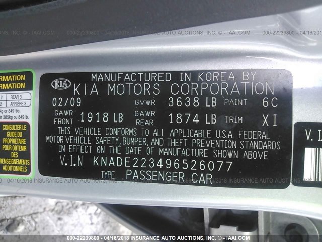 KNADE223496526077 - 2009 KIA RIO LX/SX SILVER photo 9