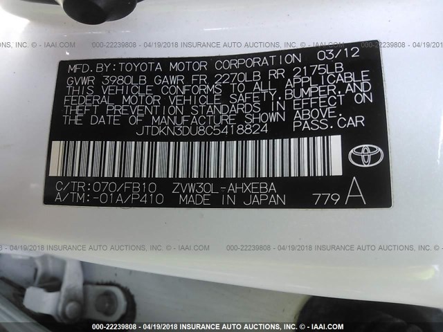 JTDKN3DU8C5418824 - 2012 TOYOTA PRIUS WHITE photo 9