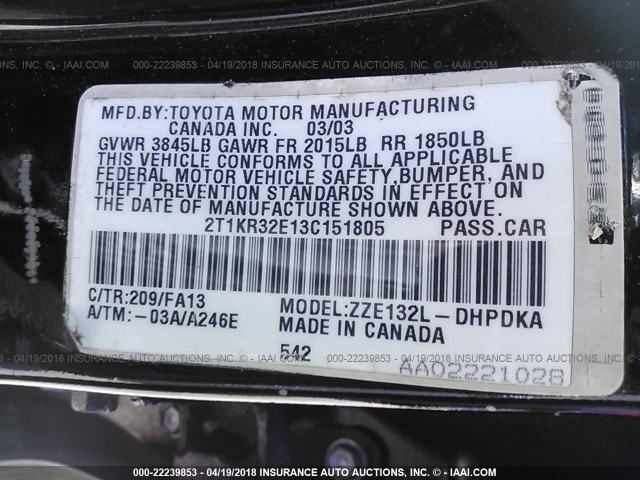 2T1KR32E13C151805 - 2003 TOYOTA COROLLA MATRIX XR BLACK photo 9