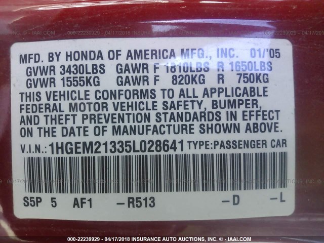 1HGEM21335L028641 - 2005 HONDA CIVIC DX VP RED photo 9