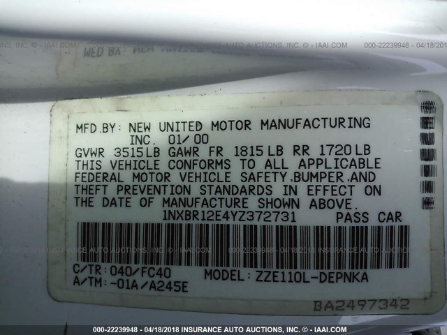 1NXBR12E4YZ372731 - 2000 TOYOTA COROLLA VE/CE/LE 白色 照片 9