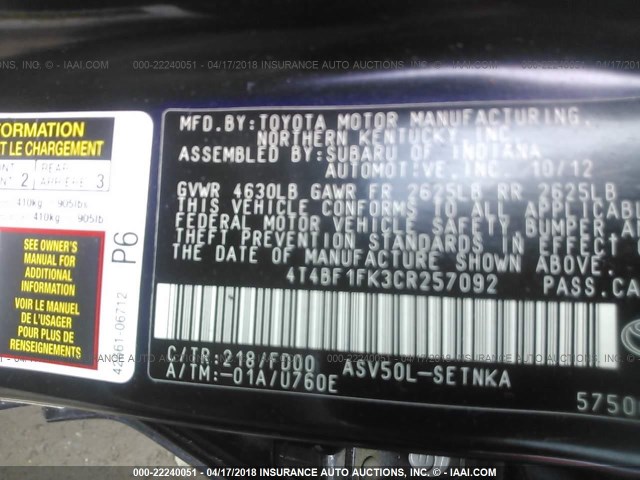 4T4BF1FK3CR257092 - 2012 TOYOTA CAMRY SE/LE/XLE BLACK photo 9