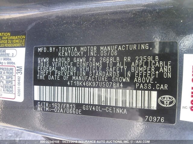 4T1BK46K97U507884 - 2007 TOYOTA CAMRY NEW GENERAT LE/XLE/SE GRAY photo 9