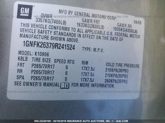 1GNFK26379R241524 - 2009 CHEVROLET SUBURBAN K1500 LT GRAY photo 9