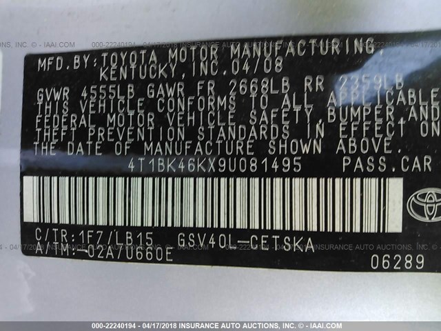 4T1BK46KX9U081495 - 2009 TOYOTA CAMRY SE/LE/XLE 银色 照片 9