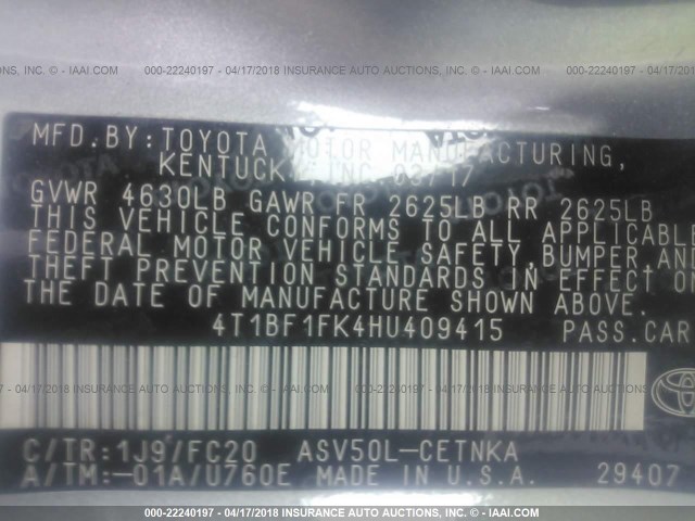 4T1BF1FK4HU409415 - 2017 TOYOTA CAMRY LE/XLE/SE/XSE SILVER photo 9