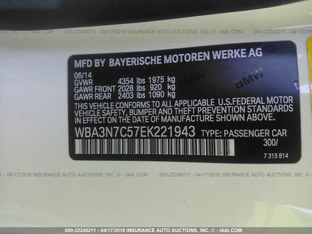 WBA3N7C57EK221943 - 2014 BMW 428 I WHITE photo 9