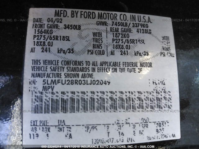 5LMFU28R03LJ02049 - 2003 LINCOLN NAVIGATOR BLACK photo 9