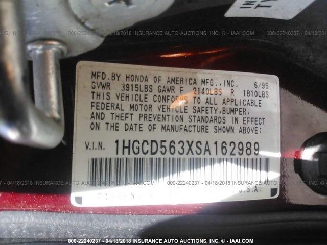 1HGCD563XSA162989 - 1995 HONDA ACCORD LX/EX RED photo 9