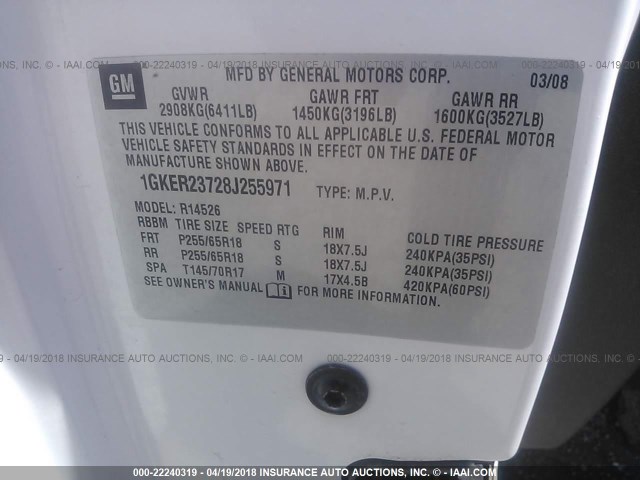 1GKER23728J255971 - 2008 GMC ACADIA SLT-1 Weiß Foto 9