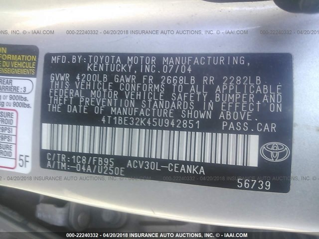 4T1BE32K45U942851 - 2005 TOYOTA CAMRY LE/XLE/SE Gümüş foto 9