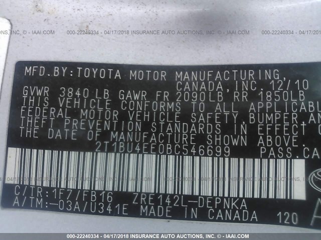 2T1BU4EE0BC546699 - 2011 TOYOTA COROLLA S/LE SILVER photo 9